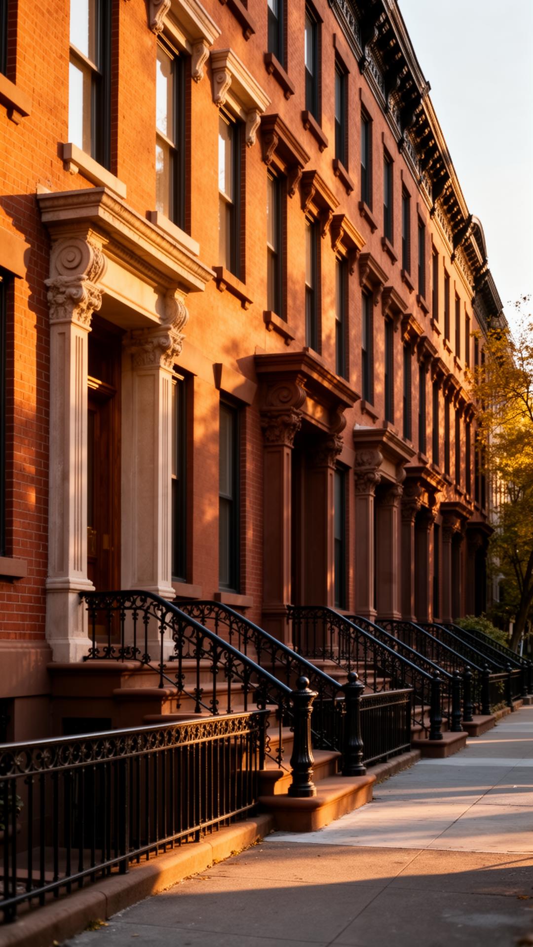 A row of restored Brooklyn brownstones with iron stoops in late afternoon light