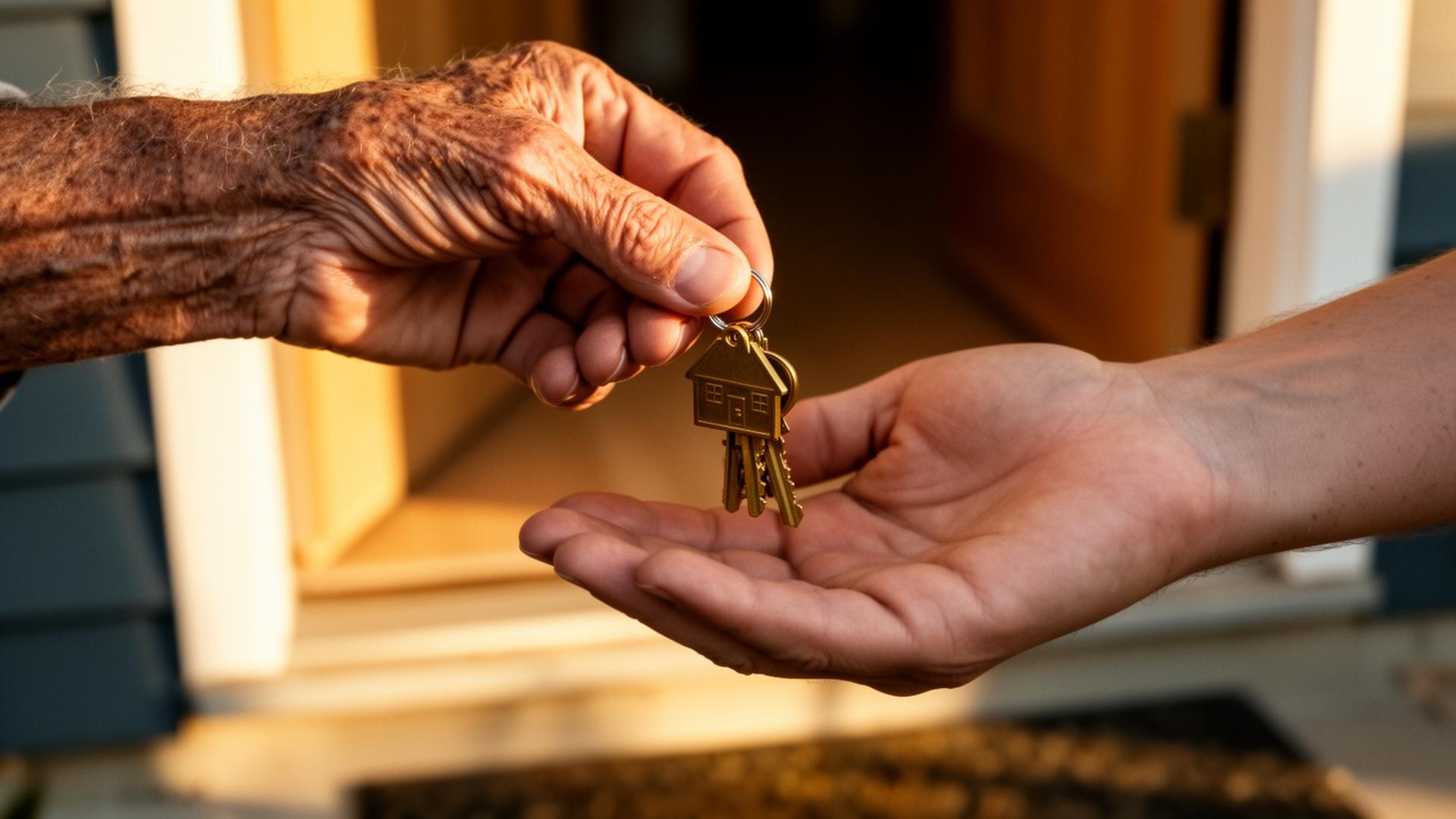 An older builder placing house keys into a younger hand at a doorway